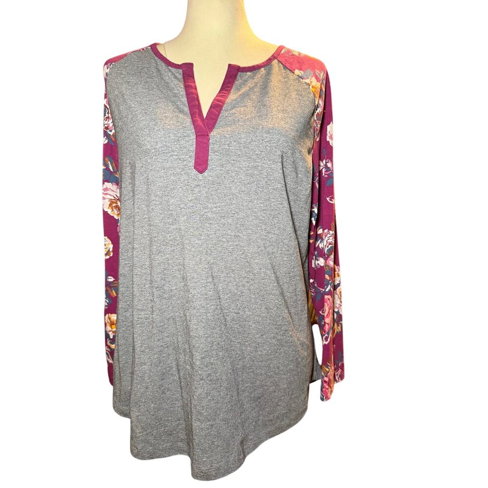 Matilda Jane Floral Raglan Sleeve Top, Gray Purple Boho Tunic, Women's Large